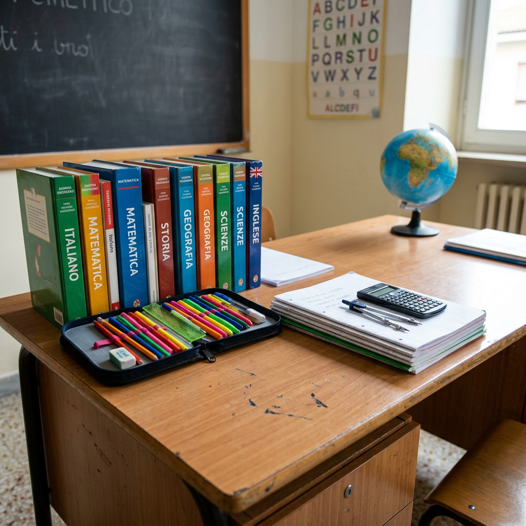 Classroom desk with textbooks, colorful pens, calculator, and a globe